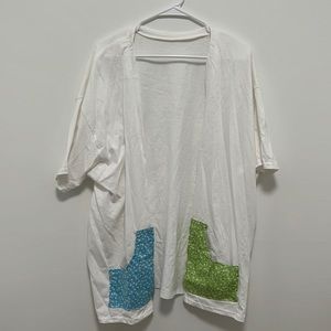 Blue and green - Handmade oversized cardigan, floral design hand sewn, pockets